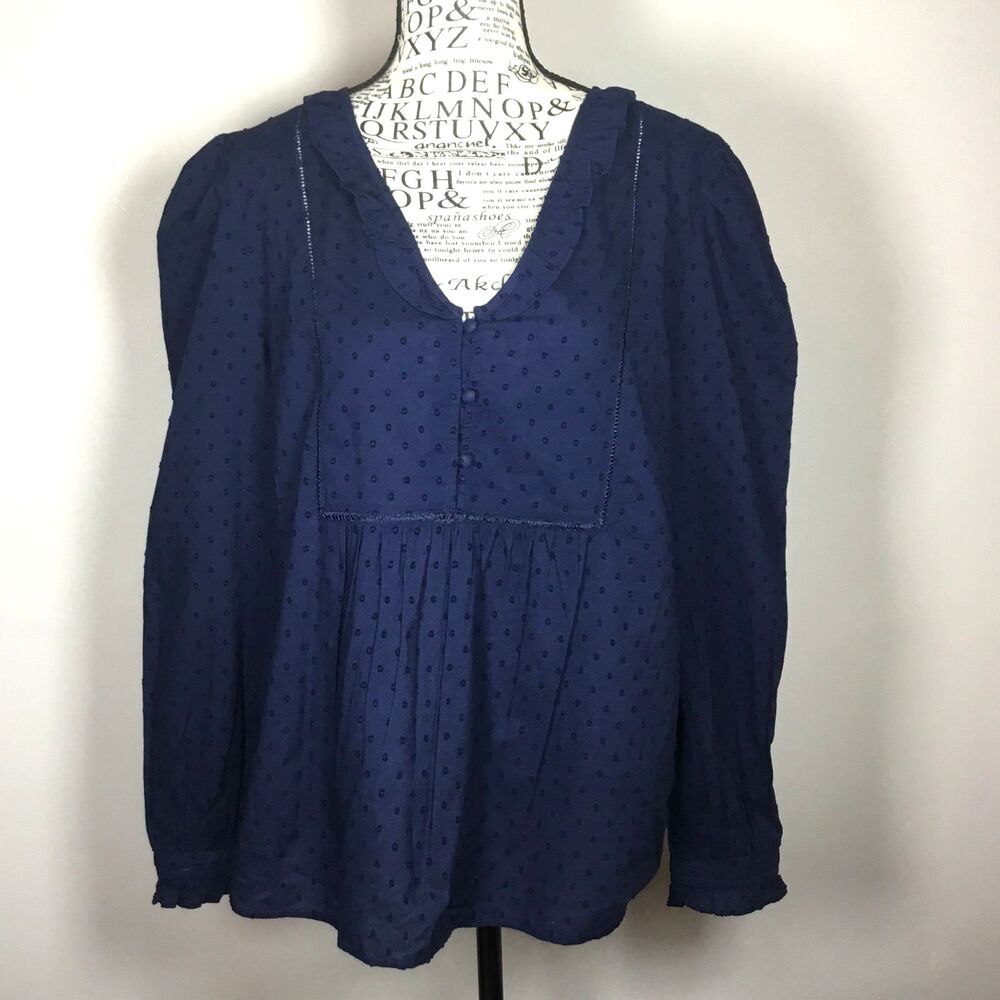 Navy blue 100% cotton blouse raised polka dots ruffles puff sleeve western L